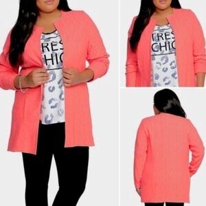 Torrid Plus Size Coral Orange Jacquard Cocoon Long Open Front Blazer Coat